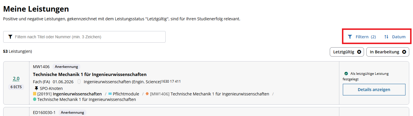 Meine Leistungen - Filtern