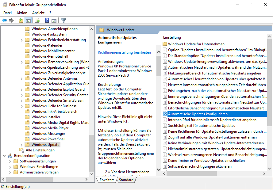 Fenster Editor für lokale Gruppenrichtlinien. Menüleiste, Symbolleiste, Hauptfeld mit zwei Teilen. Linker Teil, Baumstruktur, ausgewählt, Windows Update. Rechter Teil, Unten die Registerkarte Erweitert und Standard, ausgewählt, Registerkarte Erweitert, Wieder Feld mit zwei Teilen. Rechter Teil, etwa 30 Richtlinien, ausgewählt, Automatische Updates konfigurieren. Linker Teil, Angaben zur ausgewählten Richtlinie, Auswahlpunkt Richtlinieneinstellung bearbeiten, darunter Anforderungen, Beschreibung usw.