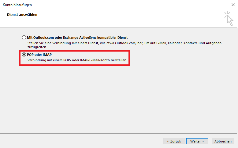 Fenster Konto hinzufügen. Dienst auswählen. Nicht ausgewählter Radioknopf, Mit Outlook.com oder Exchange ActiveSync kompatibler Dienst. Stellen Sie eine Verbindung mit einem Dienst, wie etwa Outlook.com, her, um auf E-Mail, Kalender, Kontakte und Aufgaben zuzugreifen. Markiert ausgewählter Radioknopf, POP oder IMAP. Verbindung mit einem POP- oder IMAP-E-Mail-Konto herstellen. Ganz unten, rechts 3 Schaltflächen Zurück, Weiter, Abbrechen.