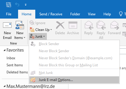 Outlook window section. Selected Home tab. In the second command group selected Junk, below it the expanded submenu, the sixth and last item is selected and is called Junk E-mail Options...