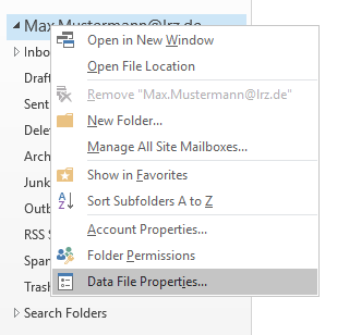 Window section with the mailbox designation with the folders expanded. Above it the context menu of the mailbox with 10 items, the last and selected Data File Properties...