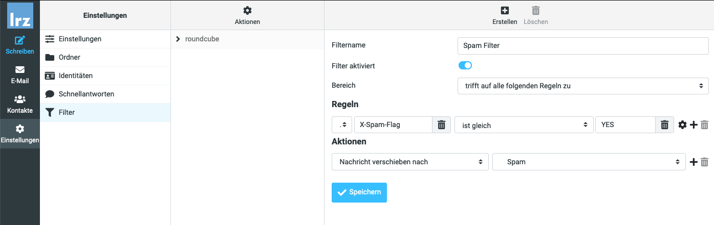 Fenster ähnlich wie zuvor. Spalte 3, im Kopffeld zentriert 2 Auswahlpunkte mit Symbol und Beschriftung, Erstellen, Abgeblendet Löschen. Filtername, Eingabefeld Spam Filter. Filter aktiviert, Schalter nach rechts für eingeschaltet. Bereich, Auswahlfeld trifft auf alle folgenden Regeln zu. Regeln, darunter ein Eintrag. Auswahlfeld Punktzeichen, Eingabefeld X-Spam-Flag mit Symbol Papierkorb für Löschen, Auswahlfeld ist gleich, Eingabefeld YES mit Symbol Papierkorb für Löschen, 3 Symbole Rad für Einstellungen, Plus für weitere Regel, Papierkorb für Löschen. Aktionen, darunter ein Eintrag. Auswahlfeld Nachricht verschieben nach, Auswahlfeld Spam, 2 Symbole Plus für weitere Aktion, Papierkorb für Löschen. Darunter Schaltfläche Speichern.