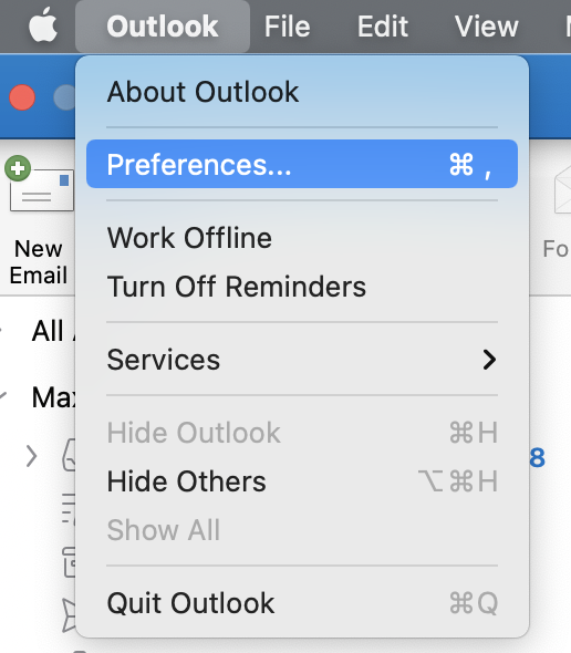 Screen shot with the Mac menu. Selected Outlook, in the submenu selected Preferences..., on the right Command-Comma.
