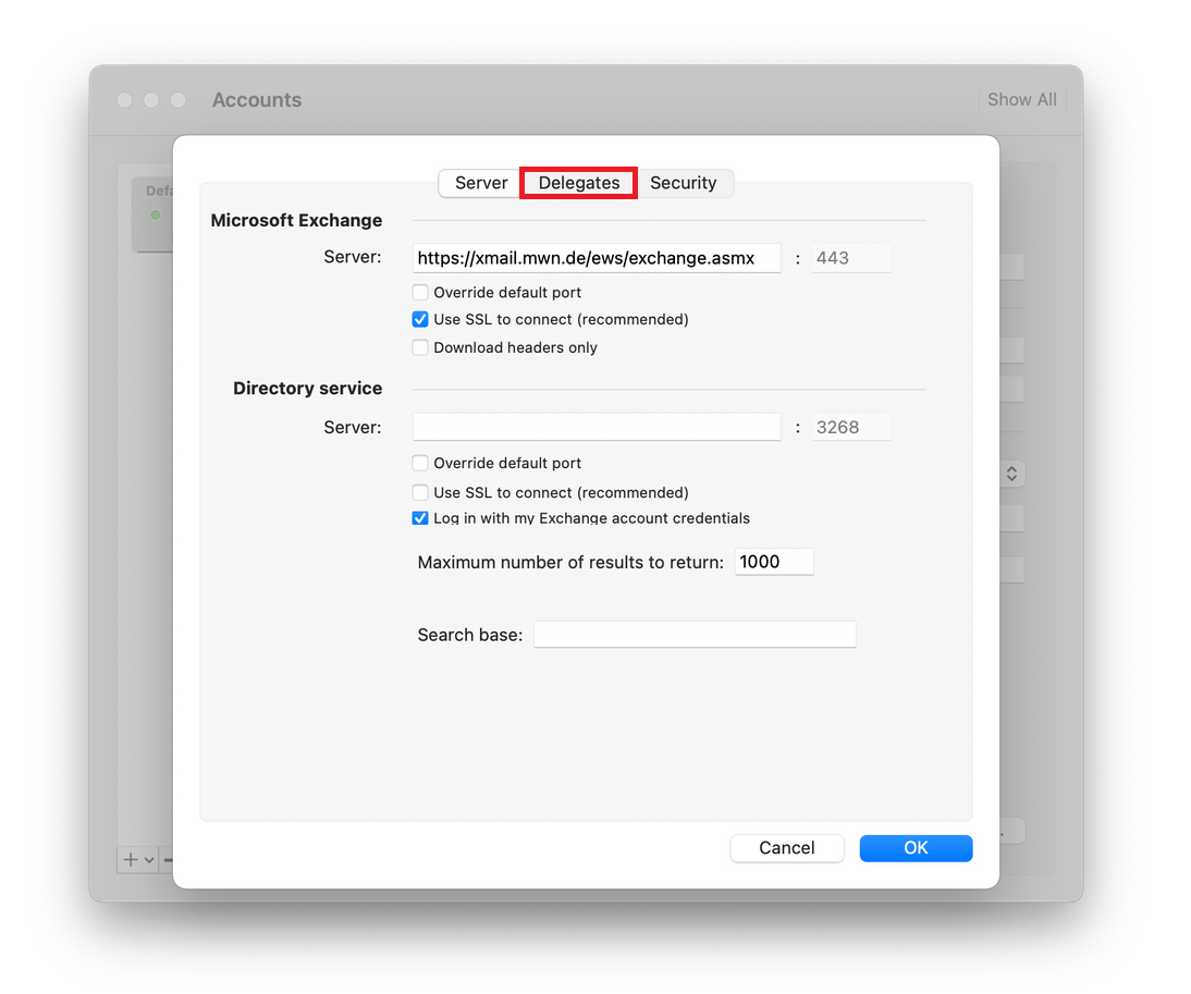 Accounts window overlaid with a window with 3 tabs, selected Server, with marked tab Substitutions, Security. Microsoft Exchange area. Server, input box https colon slash slash xmail.mwn.de slash ews slash exchange.asmx, colon, input box 443. Empty box, override default port. Checked box, Use SSL to connect (recommended). Empty box, Download headers only. Directory Service area. Server, input field empty, colon, input field 3268. Empty box, Override default port. Empty box, Use SSL to connect (recommended). Checked box, Log in with my Exchange account credentials. Maximum number of results to return, input box 1000. Search base, empty input box. At the very bottom right, Cancel, OK buttons.