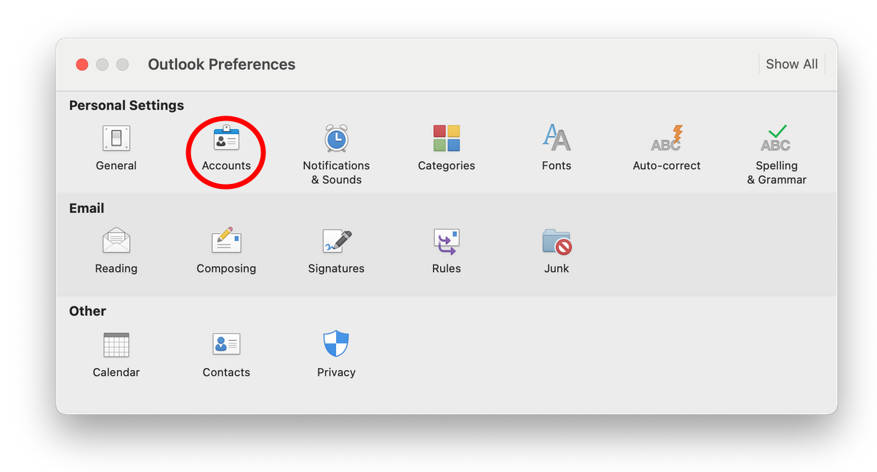 Window Outlook Preferences. Show all button. Personal Settings. 7 icons with labels, marked Accounts. Email. 5 icons with labels. Other. 3 icons with labels.