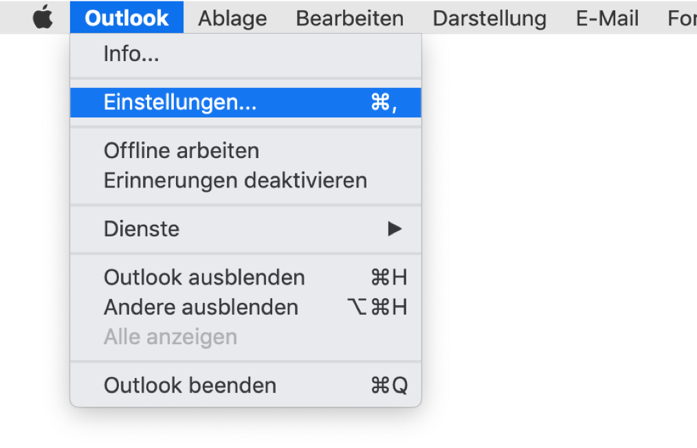 Bildschirmausschnitt mit dem Mac-Menü. Ausgewählt Outlook, im Untermenü ausgewählt Einstellungen..., rechts Befehl-Komma.