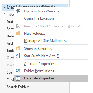 Window section with the folders of Max.Mustermann At lrz.de, overlaid by the context menu with 10 points. Selected the last Data File Properties...