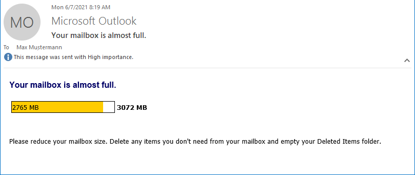 Email window pane. Microsoft Outlook. Your mailbox is almost full. This message was sent with High importance. Your mailbox is almost full. Horizontal field, from the left about 80 percent filled in color, content 2765 MB, to the right of it 3072 MB. Please reduce your mailbox size. Delete any items you don't need from your mailbox and empty your Deleted Items folder.