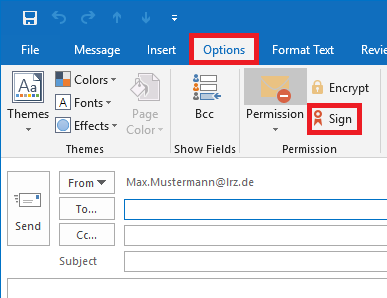 Part of the window for creating an e-mail. Options tab with the tab marked. In the Permission command group marked Certificate icon, Sign.