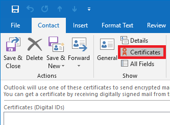 Window section. Selected Contact tab. In the Show command group marked Certificate icon, Certificates.