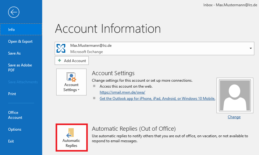 Window section. Left column left arrow in circle for back. Selected Info. Other points. To the right, the main field. Large font, Account Information. Selection field X-like symbol that resembles 2 crossed paper clips, 2-line caption, Max.Mustermann At lrz.de, Microsoft Exchange. Below that button plus sign, Add Account. Large button Account Settings, associated information to the right. Highlighted large button Auto Reply, to the right of it, Auto Reply (Out of Office). Use automatic replies to notify others that you are out of office, on vacation, or not available to respond to email messages.