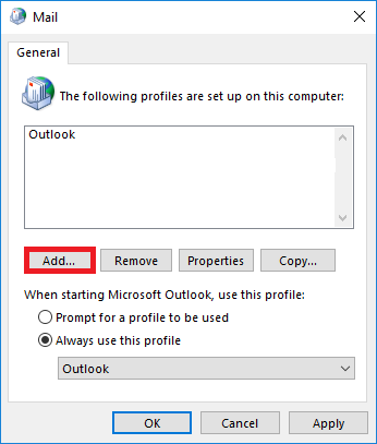 Window E-mail. General tab. The following profiles are set up on this computer, colon. Multiline box with Outlook text. 4 buttons, marked Add..., Remove, Properties, Copy.... When starting Microsoft Outlook, use this profile, colon. Radio button, Prompt for a profile to be used. Selected radio button, Always use this profile, selection box, Outlook below. At the bottom right, OK, Cancel, Apply buttons.