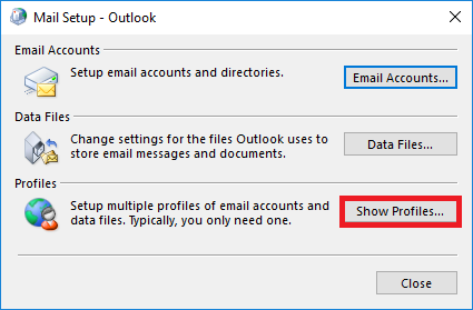 Window Mail Setup - Outlook. Section E-mail accounts. Setup email accounts and directories. Button E-mail accounts... . Section Data Files. Change settings for the files Outlook uses to store email messages and documents. Button Data Files... . Section Profiles. Setup multiple profiles of email accounts and data files. Typically , you only need one. Marked button Show profiles... Hyphen. At the very bottom right, Close button.