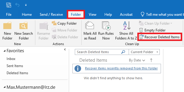 Window section. Selected tab Folder. In the Cleanup command group is marked Recover Deleted Items.