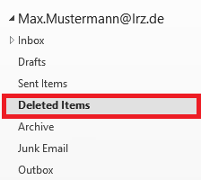 Window section with the folders of Max.Mustermann At lrz.de. Marks Deleted Items.