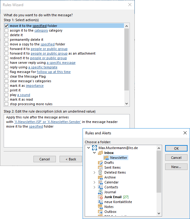 Rules Wizard window. What do you want to do with the message, question mark. Step 1, Select action(s). Large box with move bar on the right, visible 18 of 20 actions. Selected box with check mark, move it to the Underlined specified folder. Step 2, Edit the rule description (click an underlined value). Multiline box with 3 lines, Apply this rule after the message arrives, with (underline start) apostrophe X-Newsletter-ISP apostrophe or apostrophe Apostroph X-Newsletter-Sender (underline end) in the message header, move it to the (underline start) specified (underline end) folder. Overlaid by Rules and Alerts window. Choose a folder. Large field with the folders of Max.Mustermann At lrz.de. Under the folder Inbox highlighted the subfolder Newsletter. To the right of the field, 3 buttons one below the other, OK, Cancel, New...