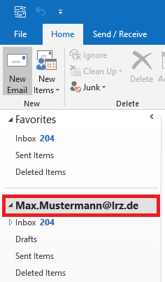 Window section. Selected Home tab. In the folder column, the mailbox name Max.Mustermann At lrz.de is highlighted.
