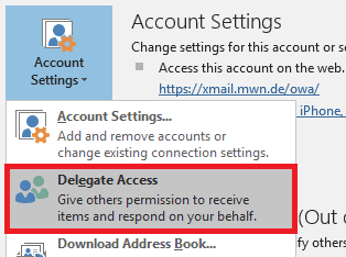 Window pane. Expanded Account Settings... Account settings... Marked and selected, Delegate Access. Give others permission to receive items and respond on your behalf.