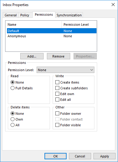 Window, Inbox Properties. 4 tabs, General, Policy, selected Permissions, Synchronization. Table with 2 columns Name, Permission level. 2 entries. Selected Default, None. Anonymous, None. Below the table 3 buttons Add..., Remove, dimmed Properties. Permissions box, top. Permission level, None checkbox. 4 sub-boxes follow. Left box Read. Selected radio button, None. Radio button, Full Details. Right box Write. 4 details, all with empty boxes, Create items, Create subfolders, Edit own, Edit all. Below left box Delete items. Selected radio button, None. Radio button, Own. Radio button, All. On the right box Other. 3 indications, all with empty boxes, Folder owner, dimmed Folder contact, folder visible. Permissions box, end. At the bottom right, buttons OK, Cancel, Apply.