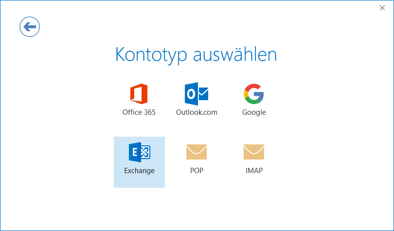 Fenster. Pfeil nach links im Kreis für zurück. Große Schrift, Kontotyp auswählen. 3 Symbole mit Beschriftung, Office 365, Outlook.com, Google. 3 Symbole mit Beschriftung, ausgewählt Exchange, POP, IMAP.