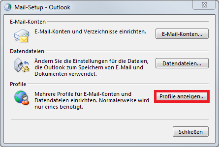 Fenster Mail-Setup - Outlook. Bereich E-Mail-Konten. E-Mail-Konten und Verzeichnisse einrichten. Schaltfläche E-Mail-Konten... Bereich Datendateien. Ändern Sie die Einstellungen für die Dateien, die Outlook zum Speichern von E-Mail und Dokumenten verwendet. Schaltfläche Datendateien... Bereich Profile. Mehrere Profile für E-Mail-Konten und Datendateien einrichten. Normalerweise wird nur eines benötigt. Markierte Schaltfläche Profile anzeigen... Trennstrich. Ganz unten rechts, Schaltfläche Schließen.