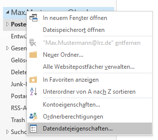 Fensterausschnitt mit den Ordnern von Max.Mustermann At lrz.de, überlagert vom Kontextmenü mit 10 Punkten. Ausgewählt der letzte Datendateieigenschaften...