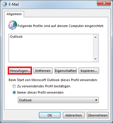 Fenster E-Mail. Registerkarte Allgemein. Folgende Profile sind auf diesem Computer eingerichtet, Doppelpunkt. Mehrzeiliger Kasten mit Text Outlook. 4 Schaltflächen, markiert Hinzufügen..., Entfernen, Eigenschaften, Kopieren... Beim Start von Microsoft Outlook dieses Profil verwenden, Doppelpunkt. Radioknopf, Zu verwendendes Profil bestätigen. Ausgewählter Radioknopf, Immer dieses Profil verwenden, darunter Auswahlfeld Outlook. Ganz unten rechts, Schaltflächen OK, Abbrechen, Übernehmen.