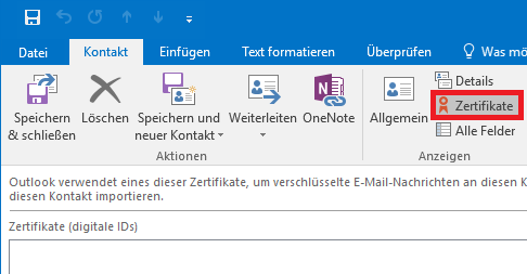 Fensterausschnitt. Ausgewählte Registerkarte Kontakt. In der Befehlsgruppe Anzeigen markiert Zertifikatssymbol, Zertifikate.