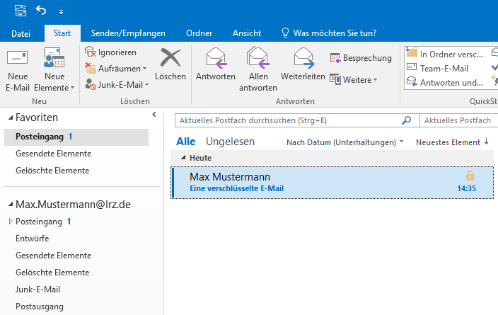 Ausschnitt vom Fenster mit der Anzeige des Ordners Posteingang. Im Hauptfeld ein Feld für die E-Mail. Links Max Mustermann, darunter Eine verschlüsselte E-Mail. Rechts das Schlosssymbol, darunter 14 Doppelpunkt 35.