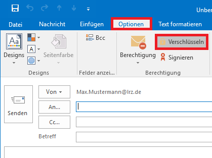 Ausschnitt vom Fenster für das Erstellen einer E-Mail. Registerkarte Optionen mit markiertem Reiter. In der Befehlsgruppe Berechtigung markiert Schlosssymbol, Verschlüsseln.