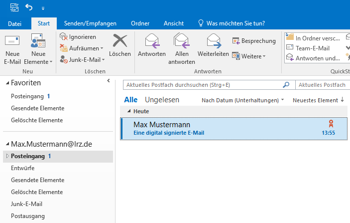 Ausschnitt vom Fenster mit der Anzeige des Ordners Posteingang. Im Hauptfeld ein Feld für die E-Mail. Links Max Mustermann, darunter Eine digital signierte E-Mail. Rechts das Zertifikatssymbol, darunter 13 Doppelpunkt 55.