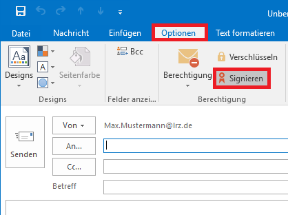 Ausschnitt vom Fenster für das Erstellen einer E-Mail. Registerkarte Optionen mit markiertem Reiter. In der Befehlsgruppe Berechtigung markiert Zertifikatssymbol, Signieren.