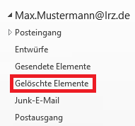 Fensterausschnitt mit den Ordnern von Max.Mustermann At lrz.de. Markiert Gelöschte Elemente.