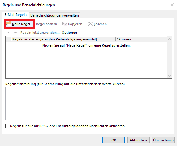 Fenster Regeln und Benachrichtigungen. 2 Registerkarten, ausgewählt E-Mail-Regeln, Benachrichtigungen verwalten. Markiert Neue Regel... Darunter im Wesentlichen 2 leere mehrzeilige Felder für Regeln und Regelbeschreibungen. Ganz unten rechts, Schaltflächen OK, Abbrechen, Übernehmen.