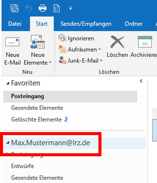 Fensterausschnitt. Ausgewählte Registerkarte Start. In der Ordnerspalte markiert der Mailboxname Max.Mustermann At lrz.de.