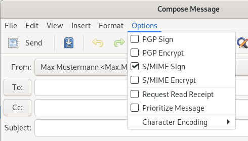 Window section Compose Message with expanded Options menu. Empty box, PGP Sign. Empty box, PGP Encrypt. Checked box, S slash MIME Sign. Empty box, S slash MIME Encrypt. Empty box, Request Read Receipt. Empty box, Prioritize Message. Character encoding with right arrow for submenu.