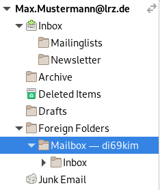 Window cutout. Arrowhead down for expanded, Max.Mustermann At lrz.de. In the folder structure unfolded Foreign Folders, below selected unfolded Mailbox - di69kim, below not unfolded Inbox.