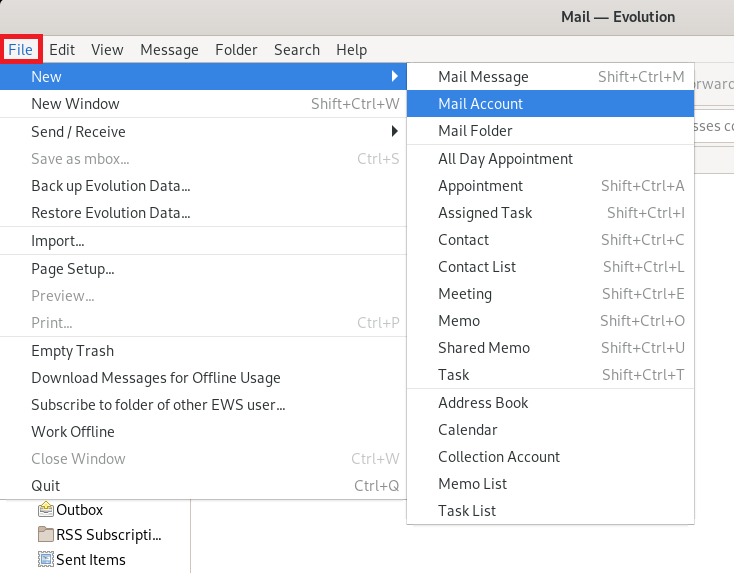 Window, far right Email - Evolution. Menu bar, selected File. Below that the menu, selected first item New. On the right the submenu, selected second item Mail Account.