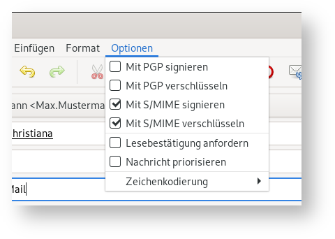 Fensterausschnitt wie zuvor, aber Kästchen mit Haken, Mit S Schrägstrich MIME verschlüsseln.