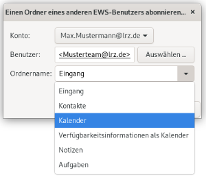 Kleines Fenster wie zuvor, nur bei Ordnername ist das Auswahlmenü ausgeklappt. Eingang, Kontakte, ausgewählt Kalender, Verfügbarkeitsinformationen als Kalender, Notizen, Aufgaben.