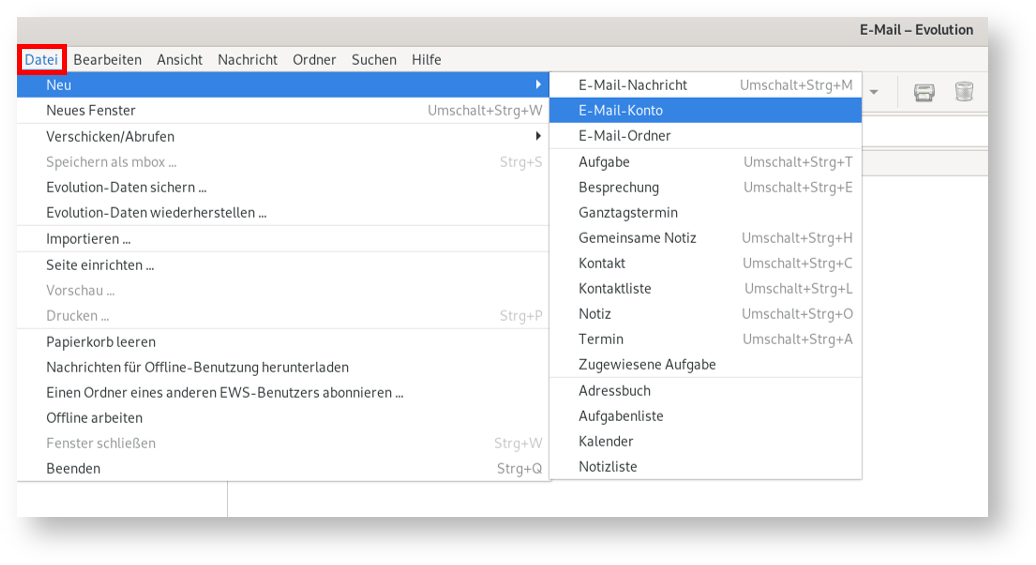 Fenster, ganz rechts E-Mail - Evolution. Menüleiste, markiert Datei. Darunter das Menü, ausgewählt Punkt 1 Neu. Rechts das Untermenü, ausgewählt Punkt 2 E-Mail-Konto.
