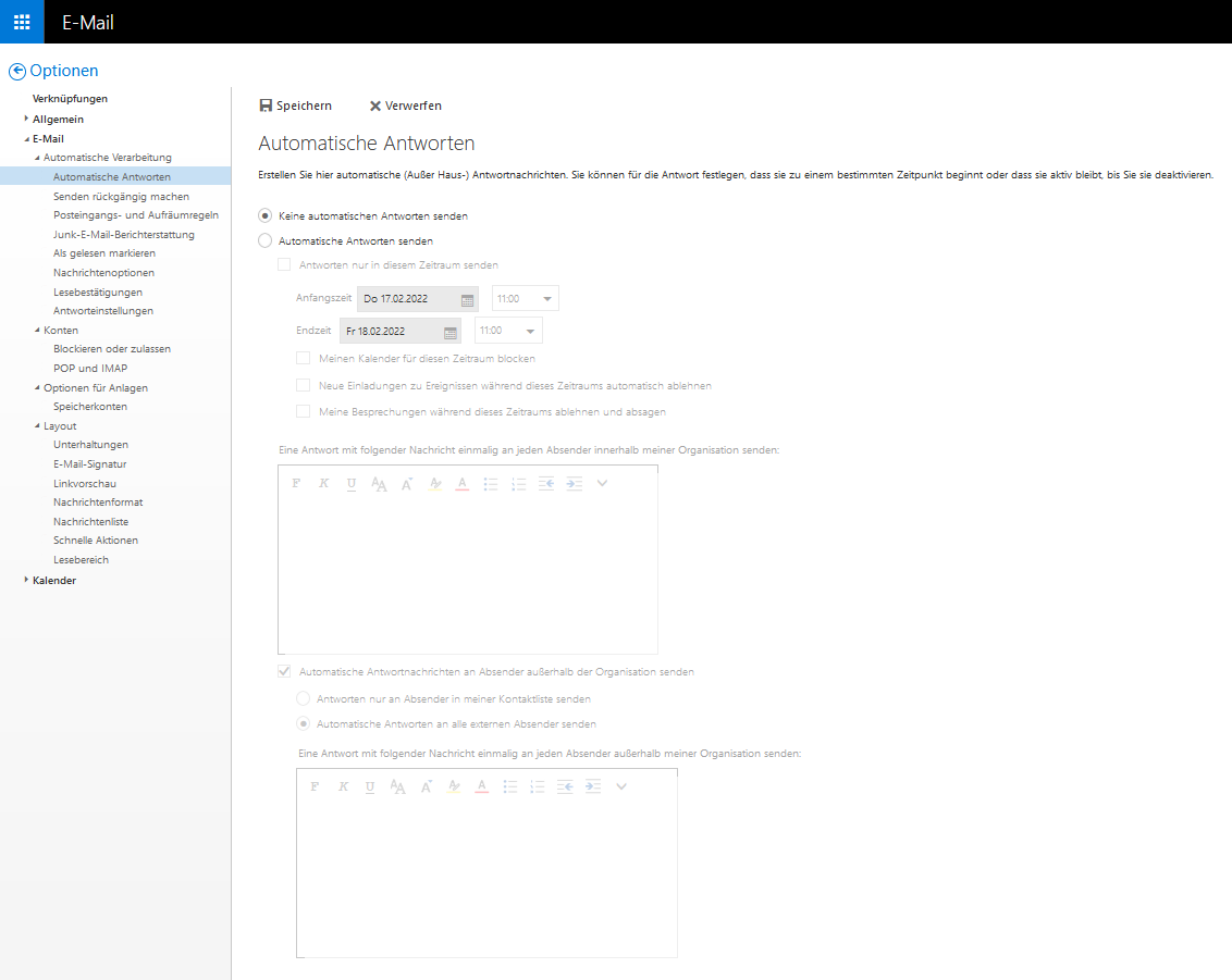 Fenster E-Mail. Linke Spalte mit den Optionen. Punkt 3, E-Mail. Unterpunkt 1, Automatische Verarbeitung. Ausgewählt Unterpunkt 1, Automatische Antworten. Hauptfeld Automatische Antworten. Erklärende Worte. Ausgewählter Radioknopf, Keine automatischen Antworten senden. Leerer Radioknopf, Automatische Antworten senden. Nachfolgend noch ausgegraut Felder zu Definition von Zeitraum und Nachrichtentext, für letzteren getrennt nach internen und externen Absendern.