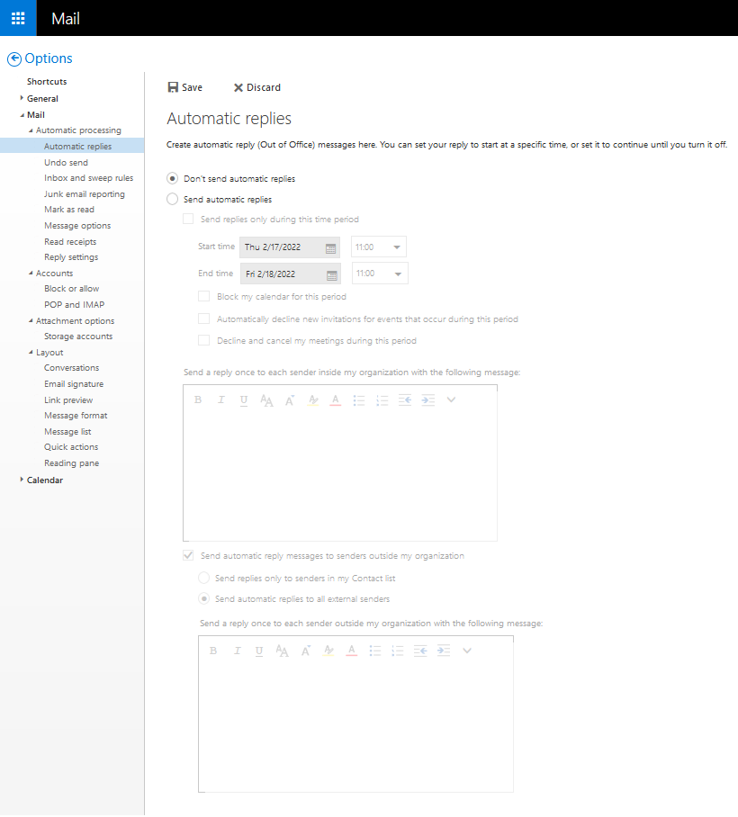 Window Mail. Left column with the options. Item 3, Mail. Subitem 1, Automatic processing. Selected subitem 1, Automatic replies. Main field Automatic replies. Explanatory words. Selected radio button, Do not send automatic replies. Empty radio button, Send automatic replies. In the following still grayed out fields for definition of period and message text, separated for internal and external senders.