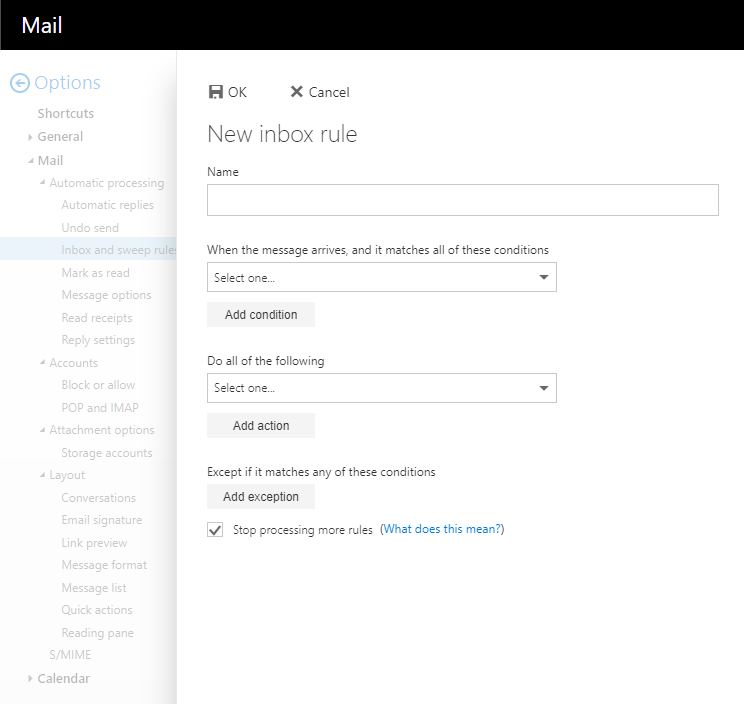 Window Mail. Left column with the dimmed options. The main field, New inbox rule. Here you can define name, conditions, actions and exceptions.