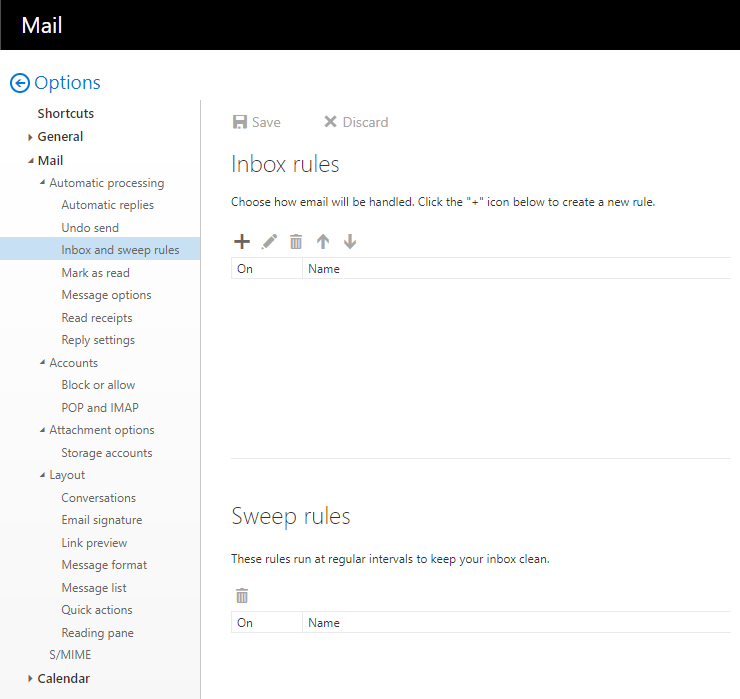 Window Mail. Left column with the options. Item 3, Mail. Subitem 1, Automatic processing. Selected subitem 3, Incoming mail and sweep rules. In the main field, under Inbox rules and Sweep rules, each a still empty overview.