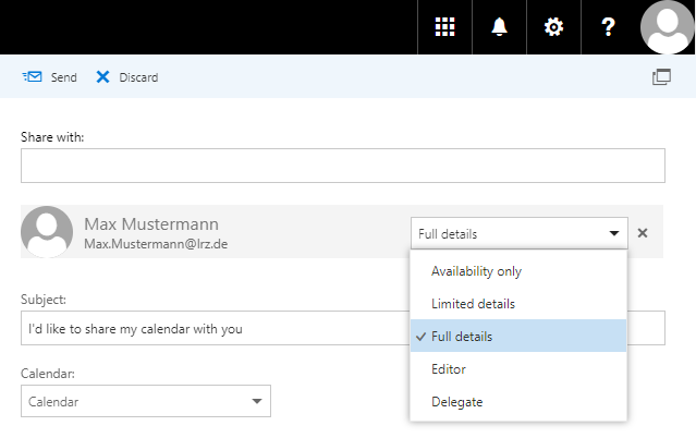 s before, only there is a field under 'Released for' and the empty input field. Icon User, Max Mustermann, below Max.Mustermann At lrz.de, selection field Full details, Oblique cross for delete. The selection field is expanded and shows 5 details, Availability only, Limited details, Checked Full details, Editor, Delegate.