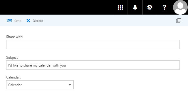 Window section. Below the title bar the main field. Dimmed Send, clickable Discard, right Open in a separate window icon. Share with, colon. Empty input field. Subject, colon. Input field I'd like to share my calendar with you. Calendar, colon. selection field, Calendar.