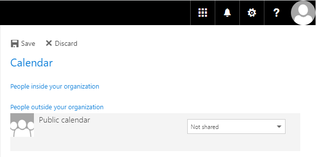 Window section. Below the title bar the main field. Clickable Save, clickable Discard. Calendar. People inside your organization. Blank. People outside your organization. Field, Group icon, Public calendar, checkbox Not shared.