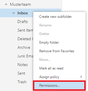 Cutout of the left column. Expanded Musterteam. Selected inbox. Overlaid by submenu with 9 items. Marks the last item Permissions.