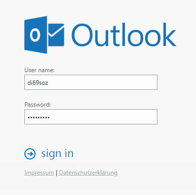 Login window. In large, Outlook icon, Outlook. User name. Input field di69soz. password. Thick dots input field. Right arrow in circle, sign in. Clickable Impressum, Vertical line, Clickable Datenschutzerklärung.